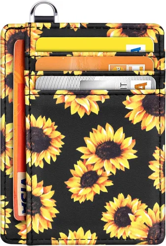 Vista 9 de Cartera delgada con bolsillo frontal RFID para tarjetas de identificación, bonita cartera pequeña con llavero para mujer