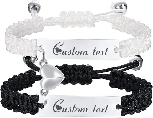 Pulsera trenzada personalizada hecha a mano para parejas, grabado personalizado, identificación con nombre, pulsera de relación de larga distancia,