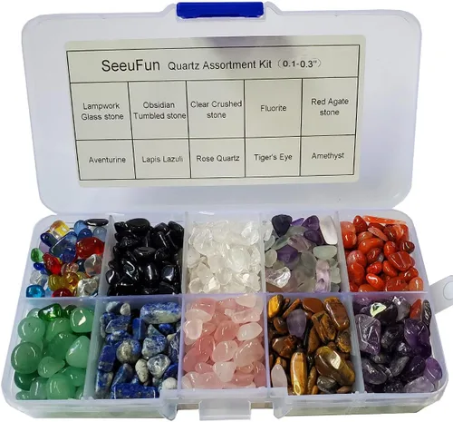 SeeuFun Surtido de Mini Chips de Piedra de Cristal Pulidos, Fluorita, Ojo de Tigre, Cuarzo Rosa, Amatista (1/2 Libra)