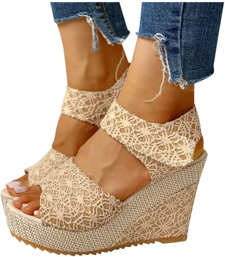 HOSTINGG Sandalias de cuña para mujer, alpargatas de cuña informales, puntera abierta, con lazo, con cordones