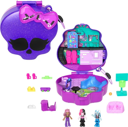Polly Pocket Monster High Conjunto de juego con 3 muñecas micro y 10 accesorios, se abre a la escuela secundaria, juguete de viaje coleccionable con