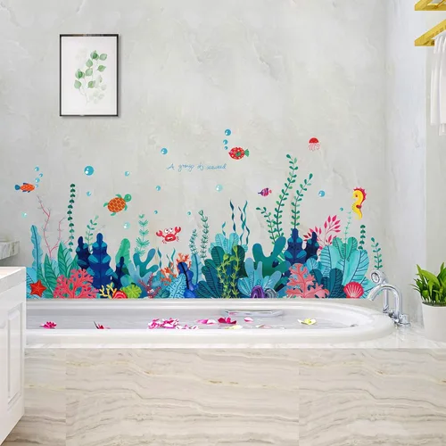 Vista 4 de Calcomanía de pared extraíble 3D bajo el mar con vista al mar, calcomanías murales de algas marinas de coral océano, decoración del hogar