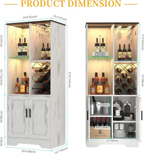 Vista 11 de Armario de despensa de cocina de 58 pulgadas con luces, gabinetes de cocina de granja, barra de café con estantes ajustables, estantes