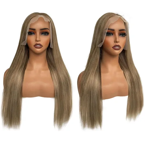 Vista 13 de Pelucas de cabello humano lacio con encaje frontal, color castaño cenizo degradado a rubio 613 con raíces oscuras 13x6 HD, peluca frontal de encaje