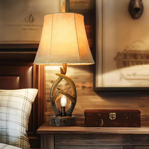 Vista 5 de Scenekoy - Juego de 2 lámparas de mesa de granja rústica con astas, lámpara de noche con luz nocturna, puertos USB duales, pantalla de cuero suave