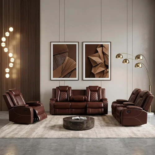 Vista 11 de Juego de sofá reclinable eléctrico de cuero con LED, juego de muebles de sala de estar, juego de sofá de cuero con puerto USB, consola