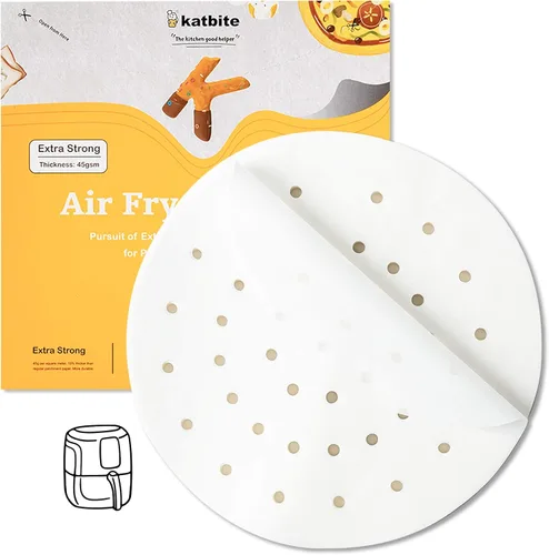 Vista 9 de Katbite 200 piezas de 6.5 pulgadas, revestimientos cuadrados sin blanquear, papel pergamino perforado resistente para freidora de aire, cesta