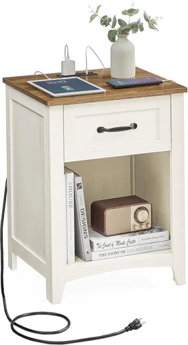 Vista 9 de VASAGLE Colección LIRY - Mesita de noche de granja con estación de carga, mesa de cabecera, mesa auxiliar con cajón, compartimento abierto