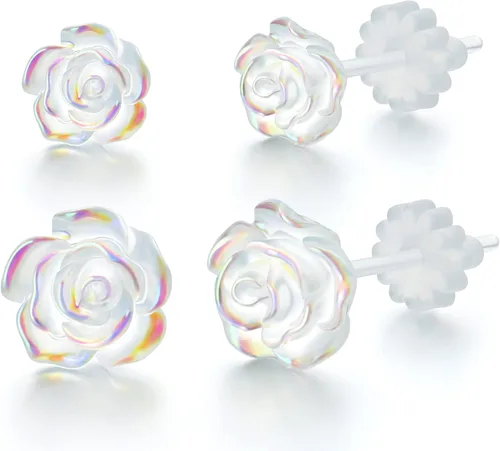 Aretes de Poste de Plástico para Orejas Sensibles, KMEOSCH 2 Pares (6mm y 8mm) Rosa 3D Transparente Sin Metal Aretes de Tuerca Totalmente de