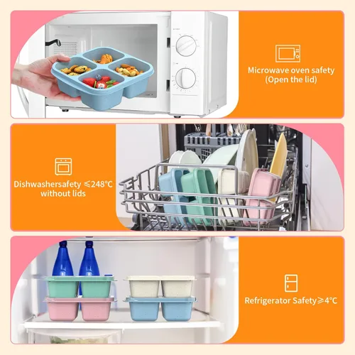 Vista 4 de Cajas Bento para Aperitivos (Paquete de 4) - Contenedores Reutilizables de 4 Compartimentos para Preparación de Comida para Niños y Adultos