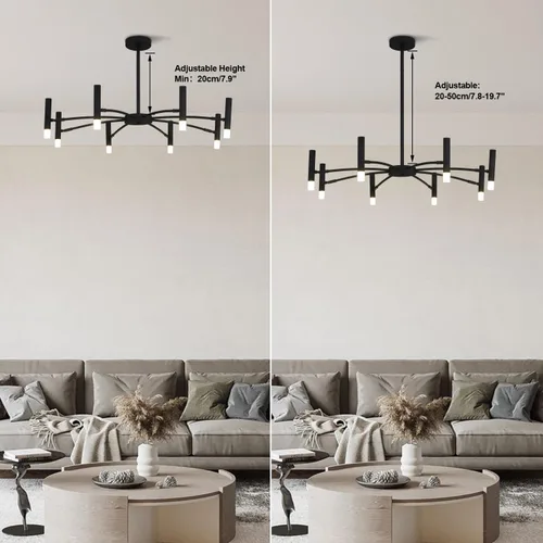 Vista 4 de Lámpara LED Sputnik moderna de 8 luces, lámpara de araña negra mate, lámpara de techo colgante de altura ajustable industrial para dormitorio