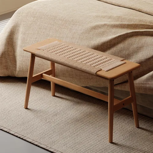 Vista 6 de Banco 100% de madera de roble macizo, diseño tejido a mano, construcción sólida de mortaja y espiga, estructura sólida de patas de silla, bancos