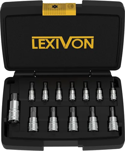 LEXIVON Juego de enchufes de brocas Torx, acero de aleación S2 de alta calidad | Juego de 13 piezas de brocas de estrella T8 - T60 | Estuche de