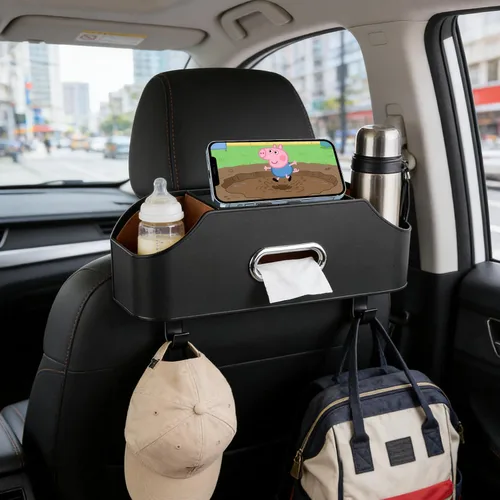 Abnaok Organizador de asiento trasero para automóvil, 4 en 1, caja de almacenamiento multifuncional para asiento trasero de automóvil con soporte