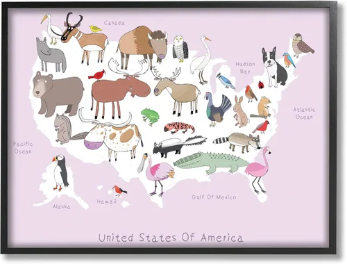 Stupell Industries Mapa de animales salvajes de Estados Unidos, diseño de Carla Daly - Arte de pared enmarcado color negro, 24 x 30 pulgadas,