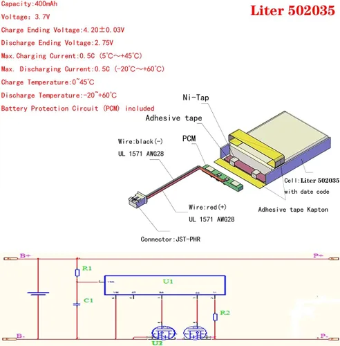 Vista 3 de Litro 3.7V 400mAh 502035 Lipo batería recargable de polímero de litio batería de iones con JST PH 0.079 in conector