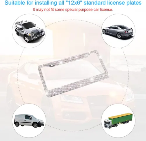 Vista 5 de Marco de matrícula de automóvil con diamantes de imitación brillantes, cubierta / soporte de placa de matrícula de acero inoxidable, universal