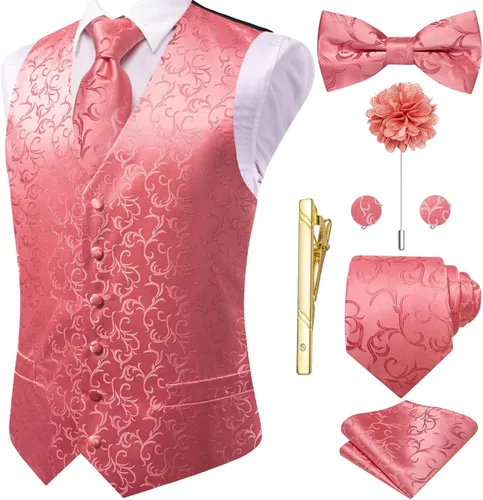 Vista 29 de Hi-Tie Chaleco de traje de seda para hombre, corbata y corbatín de solapa, clip de corbata dorado, chaleco floral de cachemira, 8 piezas, conjunto