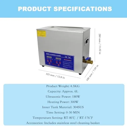 Vista 5 de 6L Ultrasonic Jewelry Cleaner with Timer & Temperature Control up to 80°C - Professional 10L Deep Cleaning Machine for Watches, Eyeglasses, and More