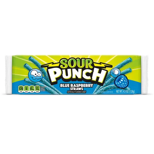 Vista 11 de Sour Punch Pajitas, dulces masticables suaves con sabor agridulce, bandeja, frambuesa azul, 2 onzas (paquete de 24)