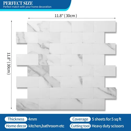 Vista 2 de Yipscazo 1 lámina para salpicaduras de acero inoxidable, despegar y pegar, para cocina, baño, chimenea (12 x 12 pulgadas, blanco mármol)