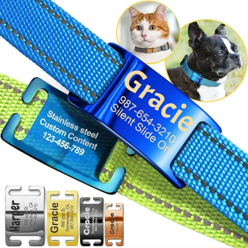 Etiquetas silenciosas grabadas para mascotas personalizadas, etiquetas de identificación de perro y gato personalizadas para el cuello, de acero