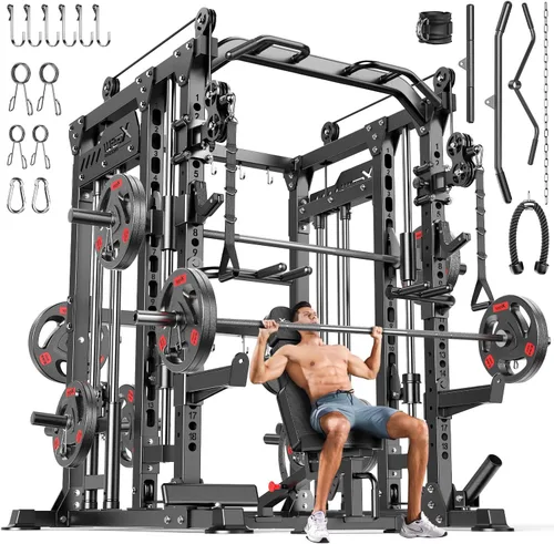 Vista 23 de XGSW Smith Machine Gimnasio en casa, jaula de potencia multifunción con sistema cruzado de cable de polea doble, estante para sentadillas para L06
