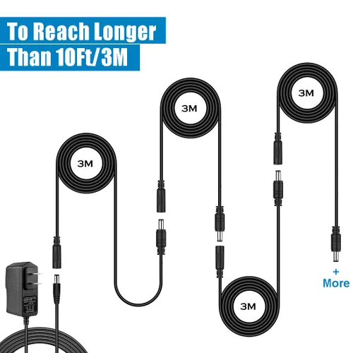 Vista 3 de Paquete de 2 cables de extensión CC de 10 pies de 0.217 in x 0.083 in, cable de extensión de alimentación universal de 12 V CC para cámara