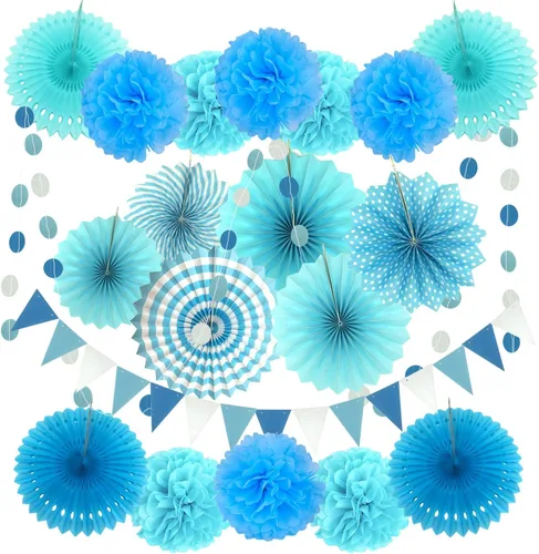 ZERODECO - Decoración para fiestas, 21 abanicos de papel azul colgantes, pompones, flores, guirnaldas, tiras de lunares y banderines triangulares