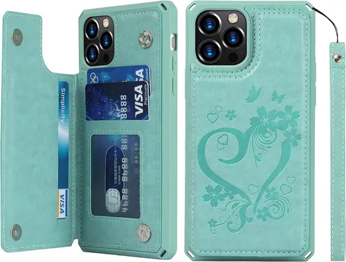 Vista 15 de iCoverCase Compatible con iPhone 12/12 Pro Wallet Funda para teléfono con tarjetero para mujer, bloqueo RFID en relieve de piel sintética con correa