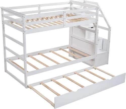 Vista 78 de Harper & Bright Designs Litera de tamaño matrimonial sobre matrimonial con 3 cajones, litera de madera maciza con almacenamiento y riel