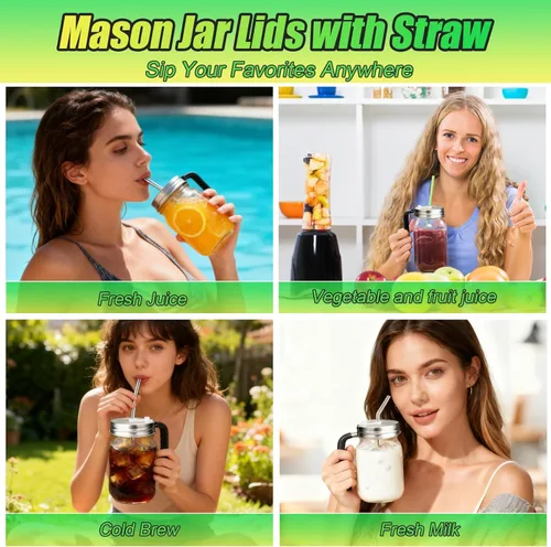 Vista 6 de Palksky Tapas para tarros Mason con agujero para popote y asa para frascos de boca regular, tapas para beber resistentes a fugas con anillos