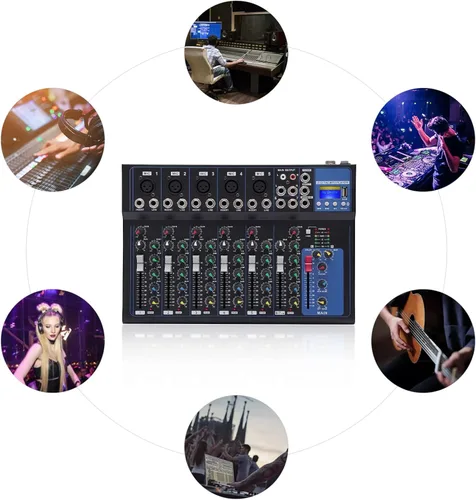 Vista 26 de Mini mezcladores de DJ de 5 canales, mezclador de audio en vivo, tablero de sonido con USB, interfaz de audio con 48 V Phantom Power Sonidos