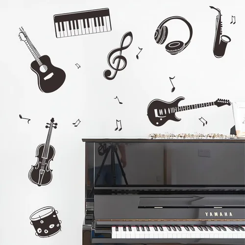 Vista 2 de Calcomanías de pared de instrumentos musicales en blanco y negro, calcomanías de pared, sacinora Guitarra Violín, Violín, Saxofón, Nota Musical