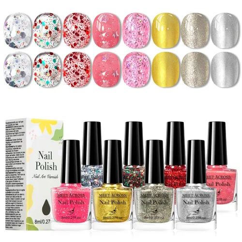 Vista 10 de MEET ACROSS Juego de esmaltes de uñas de 8 colores brillantes, morado, rosa, rojo, azul, blanco, kit de esmalte de uñas lechoso, kit de esmalte