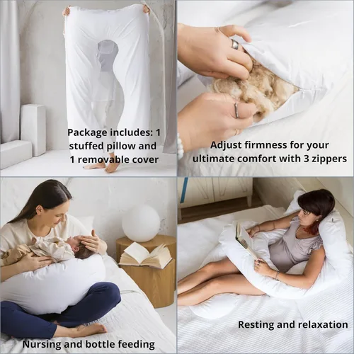 Vista 6 de Almohada de embarazo orgánica en forma de U – Almohada de apoyo de cuerpo completo con relleno natural de Kapok y funda de algodón certificada GOTS
