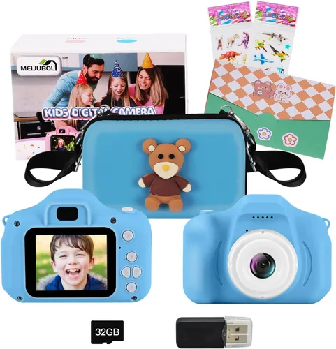 Cámara para niños, cámara digital para niños pequeños, juguetes con videocámara de video de 13 MP, tarjeta SD de 32 GB y funda para cámara para Azul