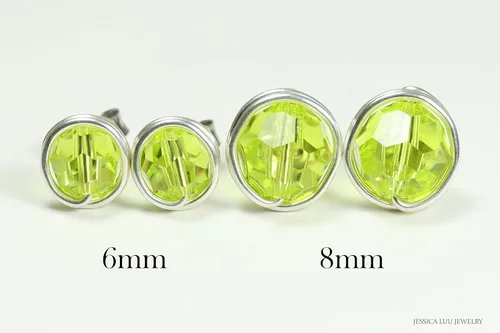Vista 7 de Jessica Luu Jewelry Chartreuse Green Stud Earrings Sterling Silver or Gold Wire Wrapped Citrus Crystal Handmade
