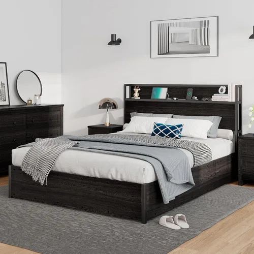 Vista 4 de Cama de Almacenamiento Elevable Tamaño Full, Marco de Cama Plataforma de Madera con Cabecera de Almacenamiento y Estación de Carga, No Necesita Negro