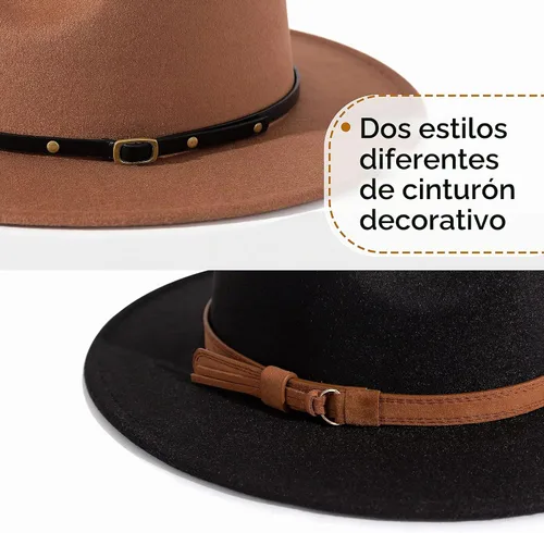 Vista 3 de Lisianthus Paquete de 2 Sombreros Fedora Clásicos de Ala Ancha con Hebilla de Cinturón para Hombre y Mujer Conjunto 1