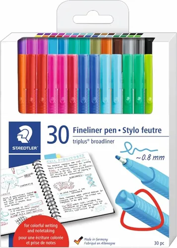 STAEDTLER Bolígrafo Triplus Broadliner, barril triangular, línea de 0.031 in, colores surtidos, paquete de 30