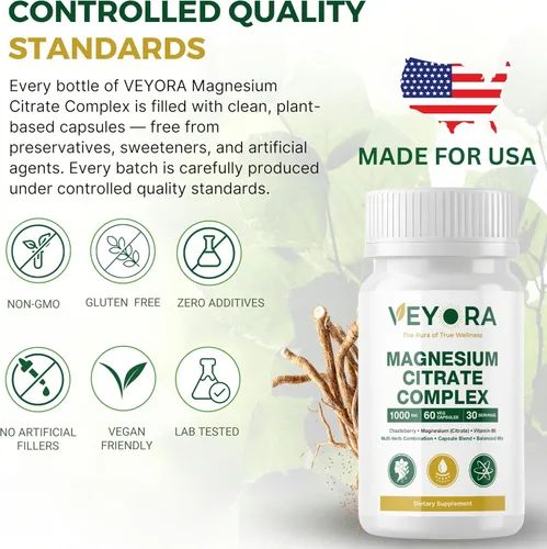 Vista 6 de Complejo de citrato de magnesio de 1000 mg 60 cápsulas veganas con casteberry y vitamina B6 Etiqueta limpia a base de plantas Sin OMG Sin