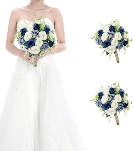 Vista 39 de Ramos para dama de honor para boda - Ramo de flores artificiales de 7 pulgadas para fiesta, ceremonia, aniversario, centros de mesa para mesa de Azul