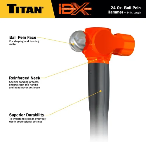 Vista 4 de Titan iDX 63624 Martillo de bola de 24 onzas con mango indestructible de 14 pulgadas reforzado con placas de bloqueo de acero y barras de acero