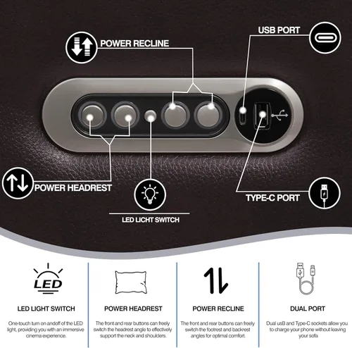 Vista 6 de THSUPER Juego de sofás reclinables eléctricos de cuero marrón tipo loveseat con almacenamiento en brazos y reposacabezas eléctrico, juego de sofá