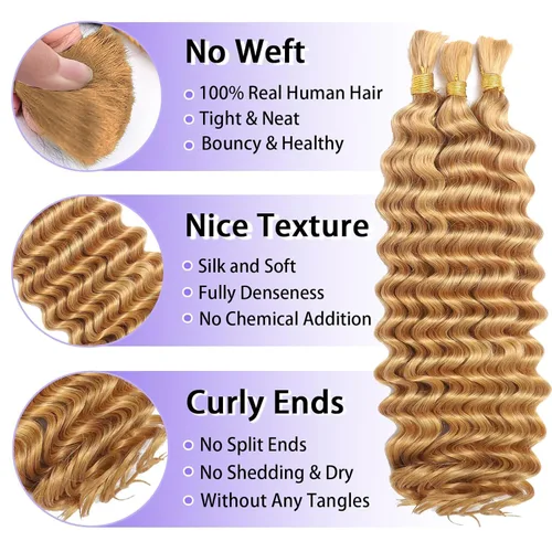 Vista 103 de Cabello Humano para Trenzar para Trenzas Boho 3 Paquetes/Pack 110g (3.88 oz) 14 Pulgadas Cabello Humano a Granel Ondulado Profundo para Trenzar