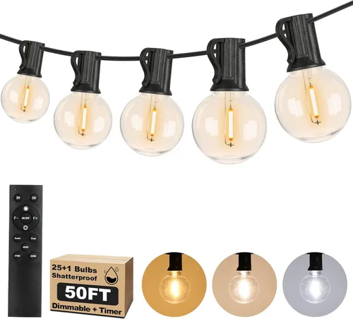 Vista 21 de Bosceos Tira de luces LED G40 de 25 pies para exteriores, regulables, impermeables, inastillables, con 13 bombillas conectables, luces colgantes