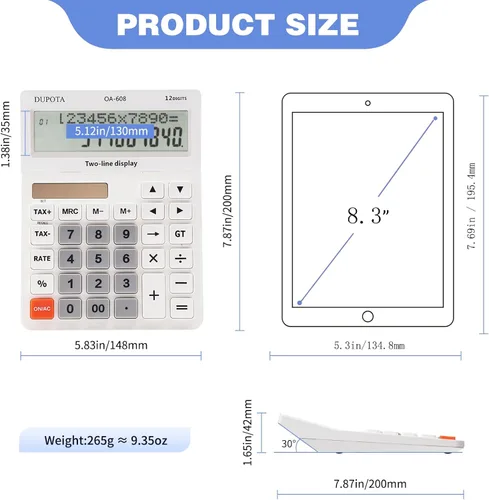 Vista 4 de Calculadora de escritorio Pantalla grande Botones grandes con 12 dígitos LCD de 2 líneas, energía solar dual y batería, calculadora con función