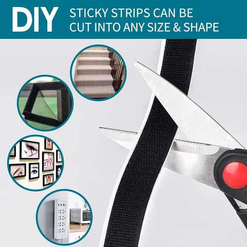 Vista 4 de Tiras de velcro negras de 1 pulgada x 82 pies con adhesivo resistente, rollos de velcro de doble cara, tiras para colgar cuadros, tiras adhesivas a