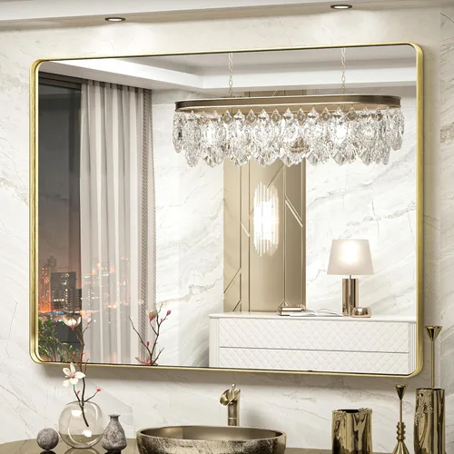 Vista 36 de TokeShimi Espejo de pared de baño de níquel cepillado de 20 x 30 pulgadas, marco de metal, esquina redonda, rectangular, para decoración del hogar